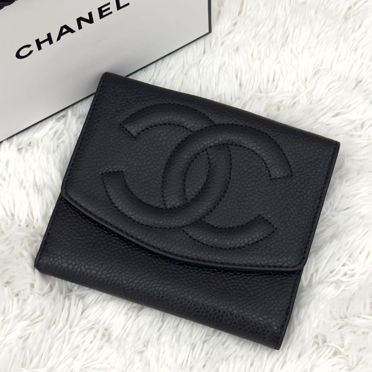 ☆美品☆CHANEL シャネル キャビンスキン ココマーク 財布 ブラック 二つ折り Wホック レザー