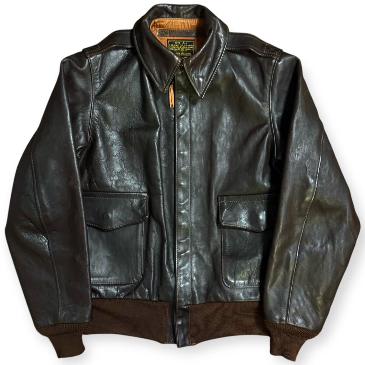 稀少 THE REAL McCOYS リアルマッコイズ ラフウェア社 実名復刻 TYPE A-2 本革 フライトジャケット サイズ34 レザー イレギュラースタンプ