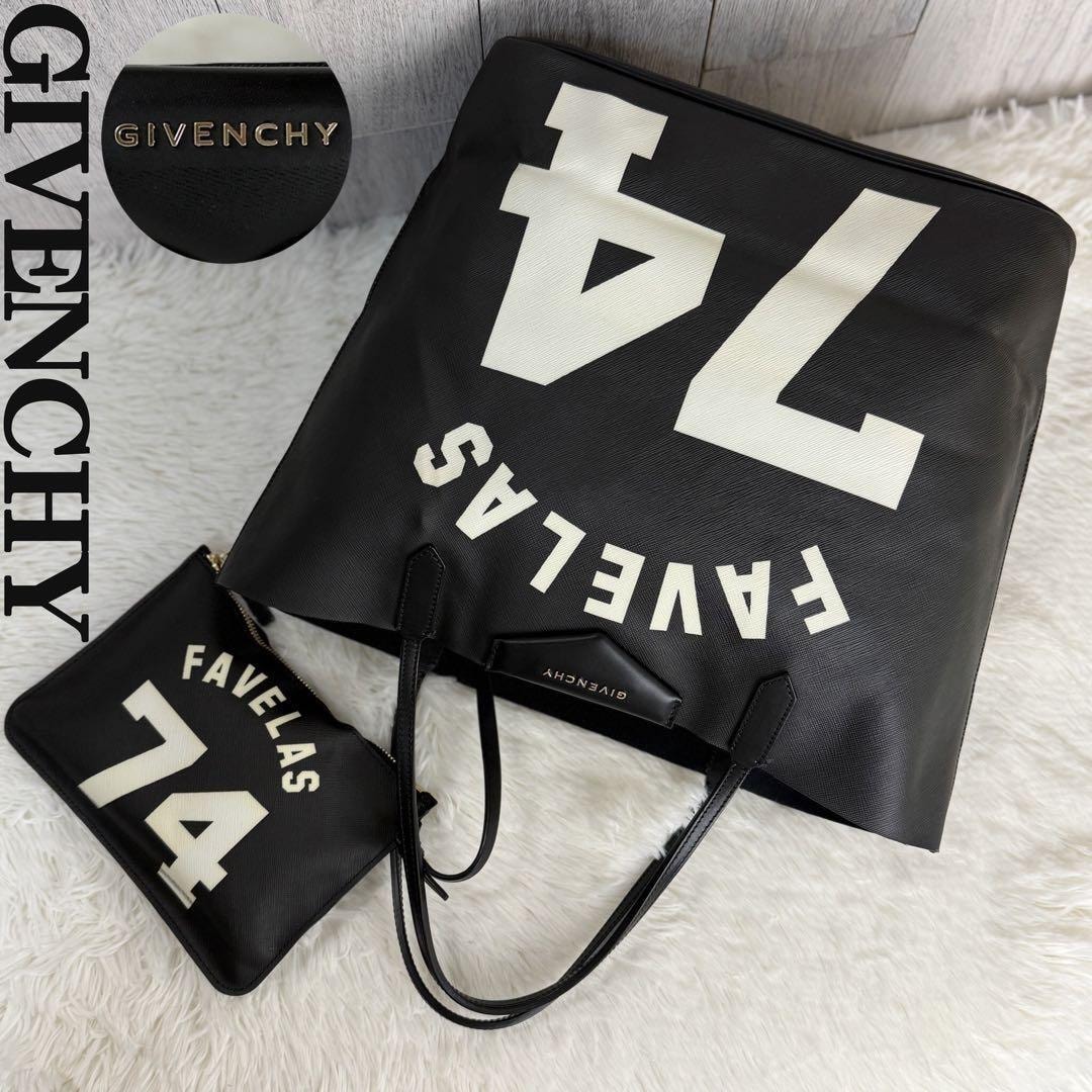 美品 ポーチ付 A4可 Givenchy ジバンシー FAVELAS74 デカロゴ トートバッグ ブラック