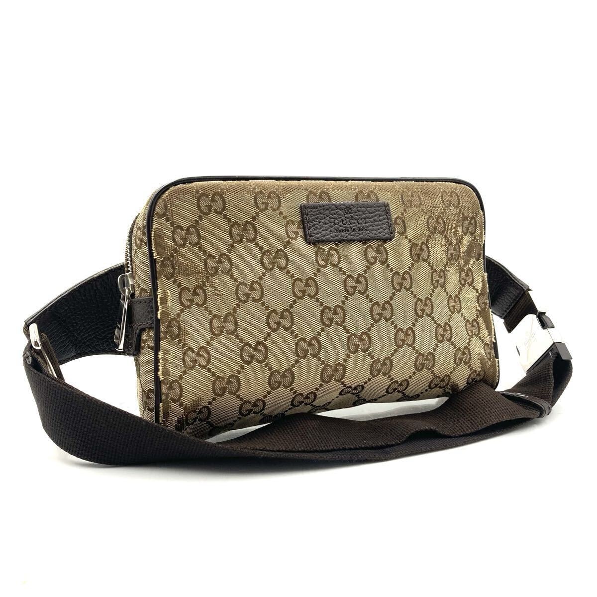 GUCCI グッチ　GGキャンバス×レザー　ボディバッグ　ウエストポーチ　ロゴプレート　ベージュ×ブラウン　シルバー金具　イタリア製　刻印