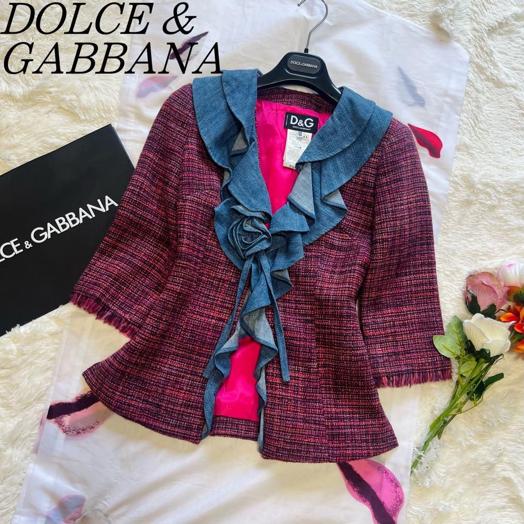 【美品】DOLCE&GABBANA ツイードジャケット デニム フリル 38 ドルチェアンドガッバーナ M 赤 レッド ばら 薔薇 バラ ローズ ドルガバ
