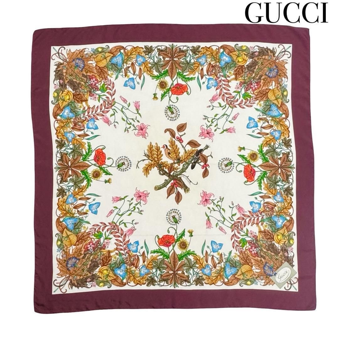 GUCCI オールド グッチ ヴィンテージ 大判 スカーフ ストール 花柄 フローラ シルク100% イタリア製 ボルドー×アイボリー レディース