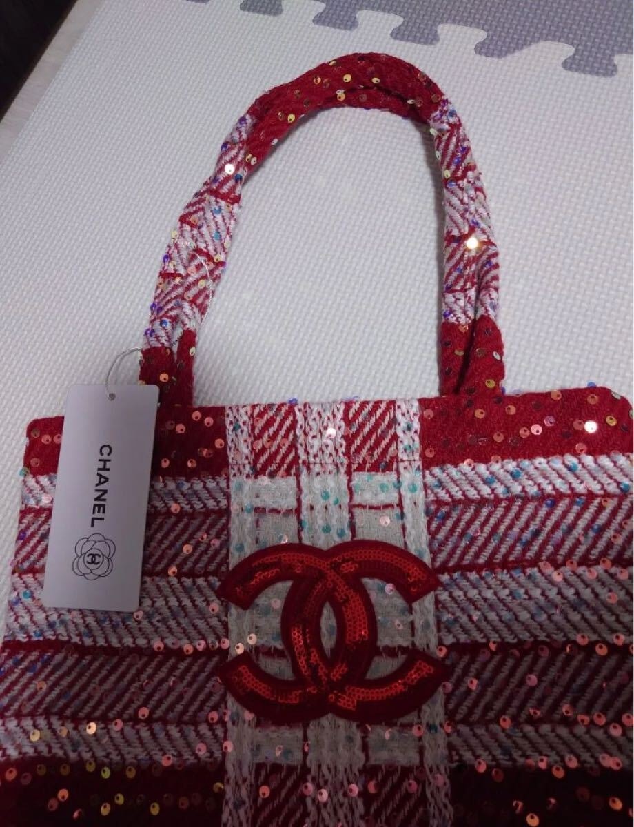 希少 CHANEL ノベルティ トートバッグ 赤 ツイード スパンコール 希少 CHANEL ノベルティ トートバッグ 赤 ツイード スパンコール