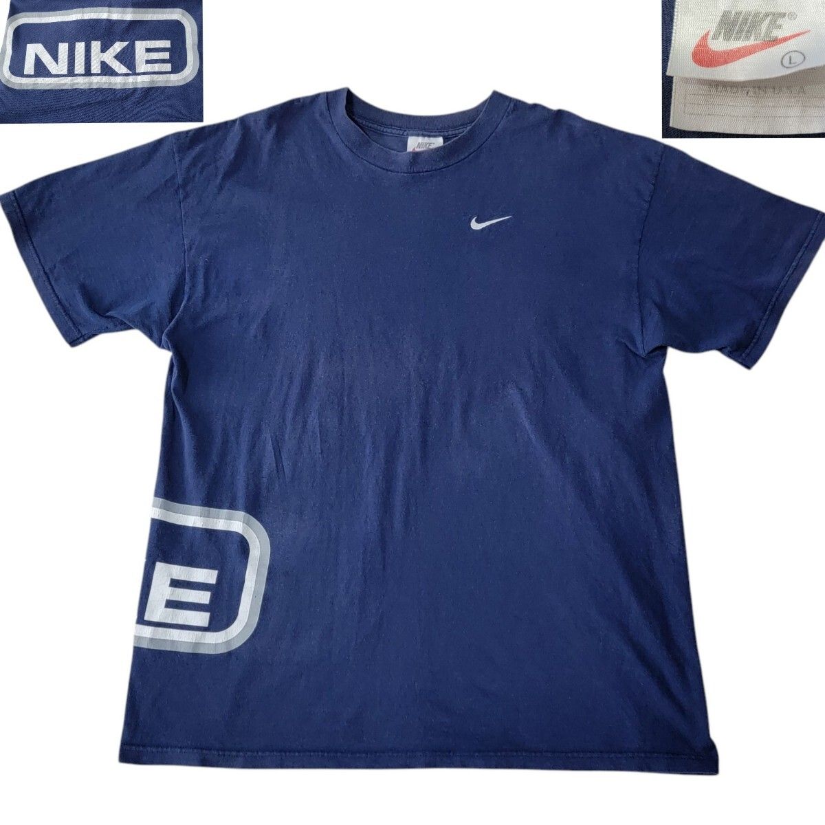 【レア個体】USA製 90S スウォッシュ刺繍 ロゴプリント 神フェード NIKE ナイキ Tシャツ L ナス紺 ネイビー 半袖 ヴィンテージ VINTAGE 