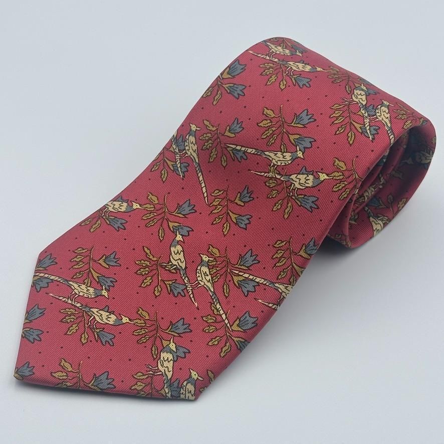 極美品 HERMS ネクタイ 鳥 花柄 ピンク フランス製 箱付き