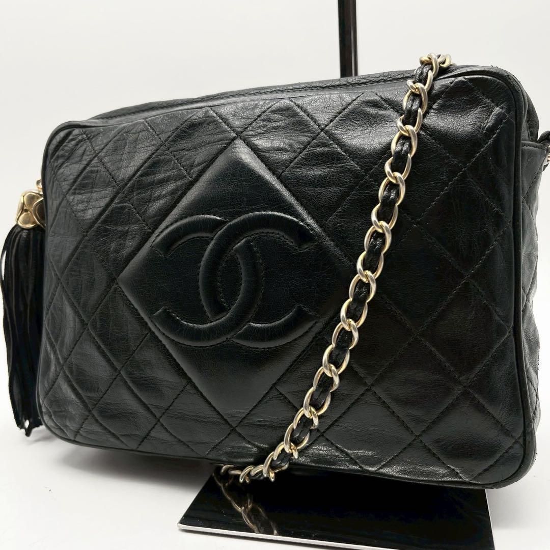 シャネル　マトラッセ　フリンジ　チェーン ショルダーバッグ　ラムスキン ブラック 黒 CHANEL ココマーク タッセル レザー
