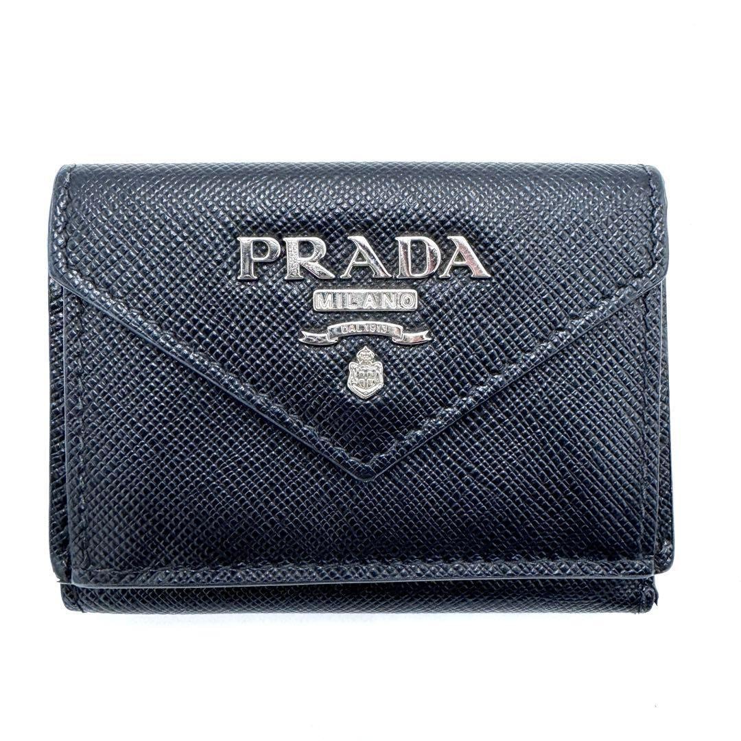 No.440 希少バイカラー☆美品☆PRADA プラダ サフィアーノメタル 三つ折り財布 1MH021 ブラック×ピンク レア マルチカラー レディース