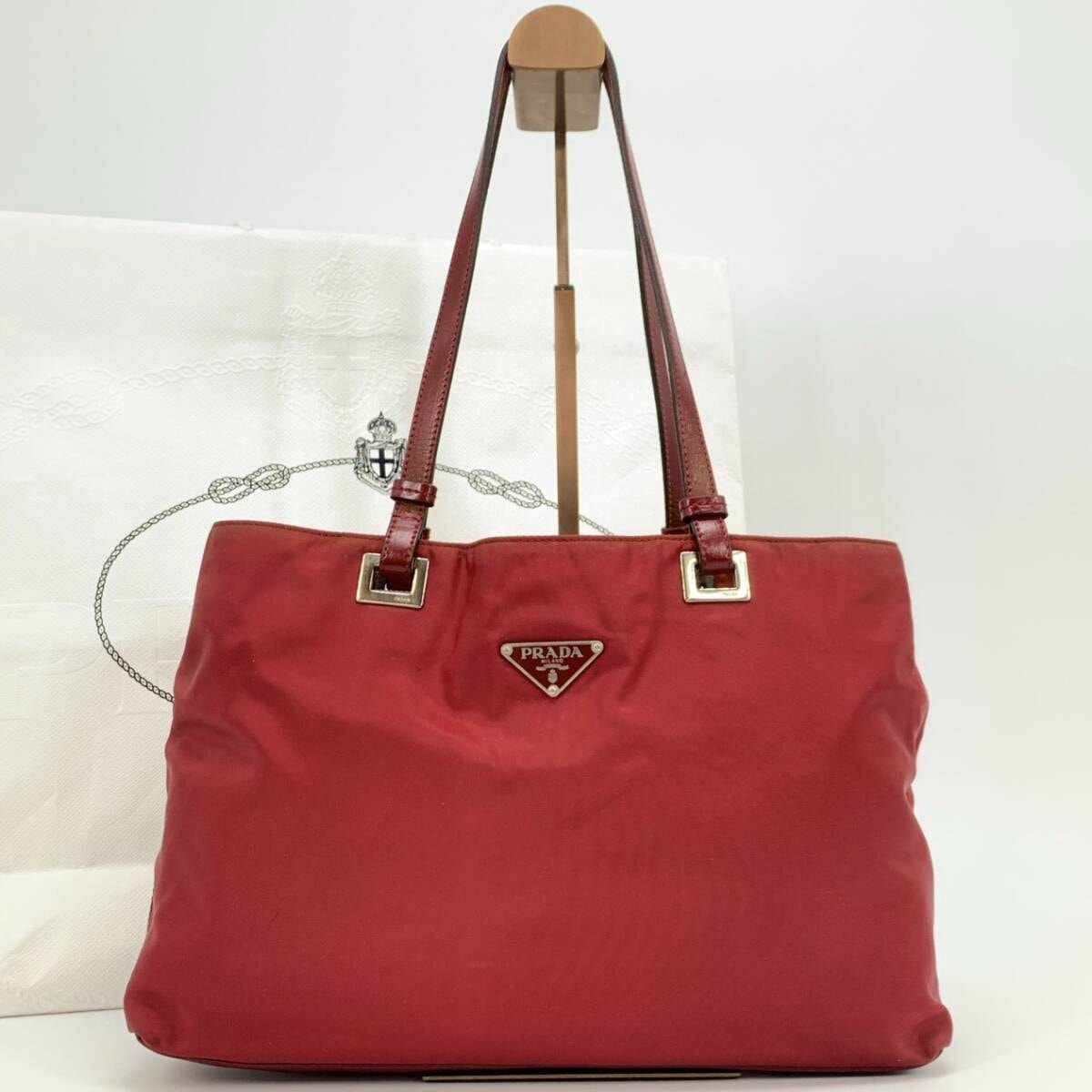 美品 PRADA プラダ テスートナイロン トート ハンドバッグ ショルダー 肩掛け レザー 本革 レッド ボルドー 赤 シルバー金具 レディース