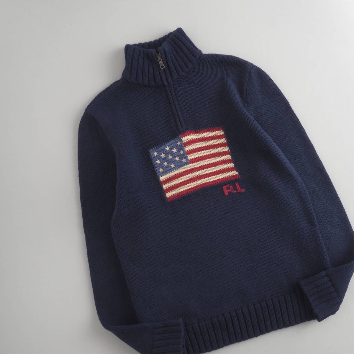 ラルフローレン　Ralph Lauren　正規品　ニット　ハーフジップ　星条旗柄　ネイビー　メンズ　美品