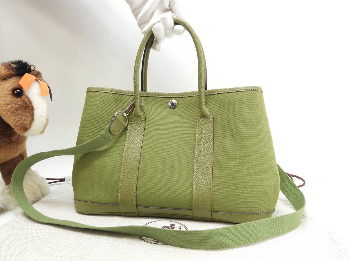 エルメス ガーデンパーティTPM トワルオフィシェ 緑 s付ハンドバッグ 美品@□J