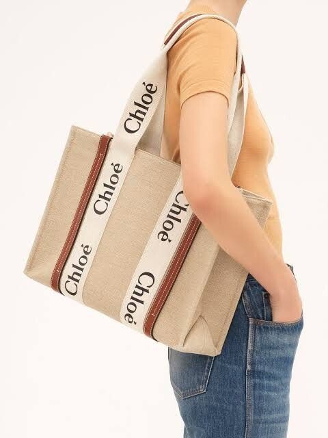 Chlo クロエ WOODY ラージ トートバッグ リネン×レザー ロゴショルダー ナチュラル系