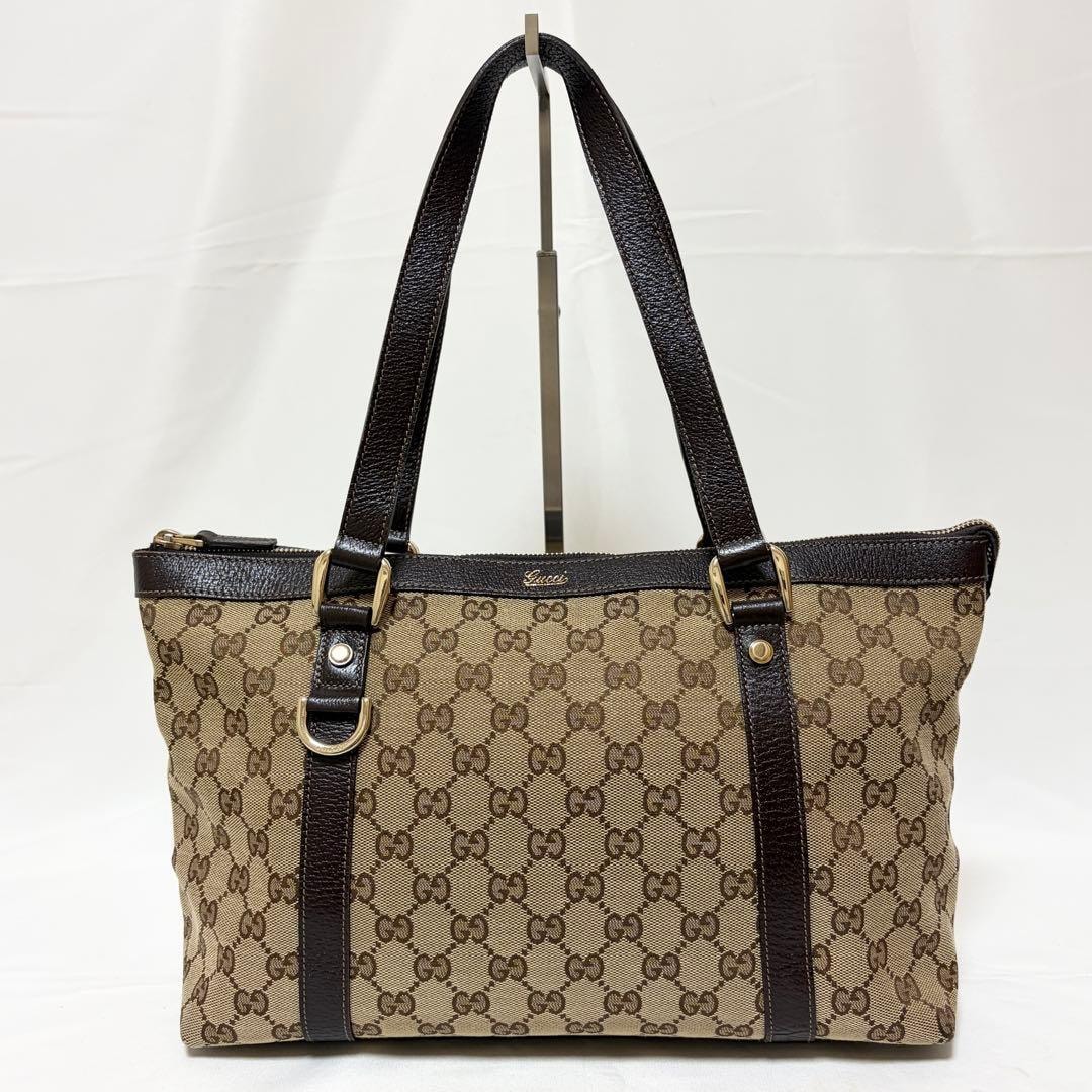 GUCCI グッチ トートバッグ アビー GGキャンバス レザー ベージュ ブラウン 141470 美品