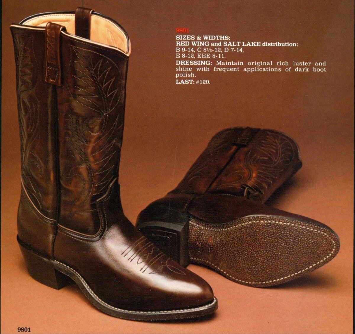 USA製 70年後半～80年代 プリント羽根タグ レッドウィング RED WING 9801 ウエスタンブーツ 茶 ペコスブーツ 10C 26,5～27cm