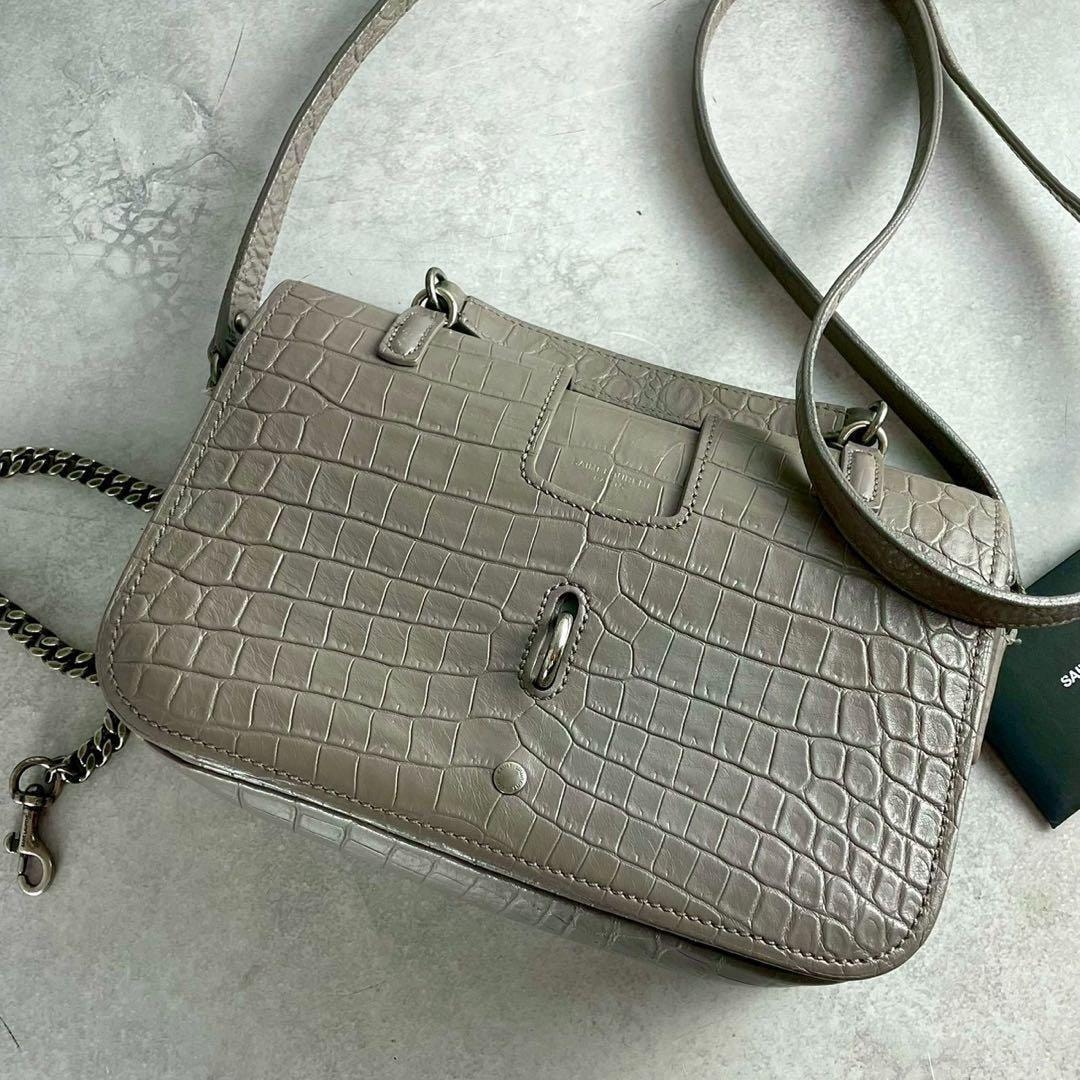 極美品　SAINT LAURENT　サンローラン　クロコ型押し　ショルダーバッグ グレー　レザー