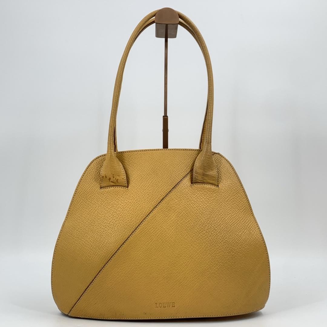 美品 LOEWE ロエベ アナグラム トート ハンド ショルダーバッグ 肩掛け ハーフムーン ロゴ型押し レザー 本革 イエロー 黄 ブラウン 茶
