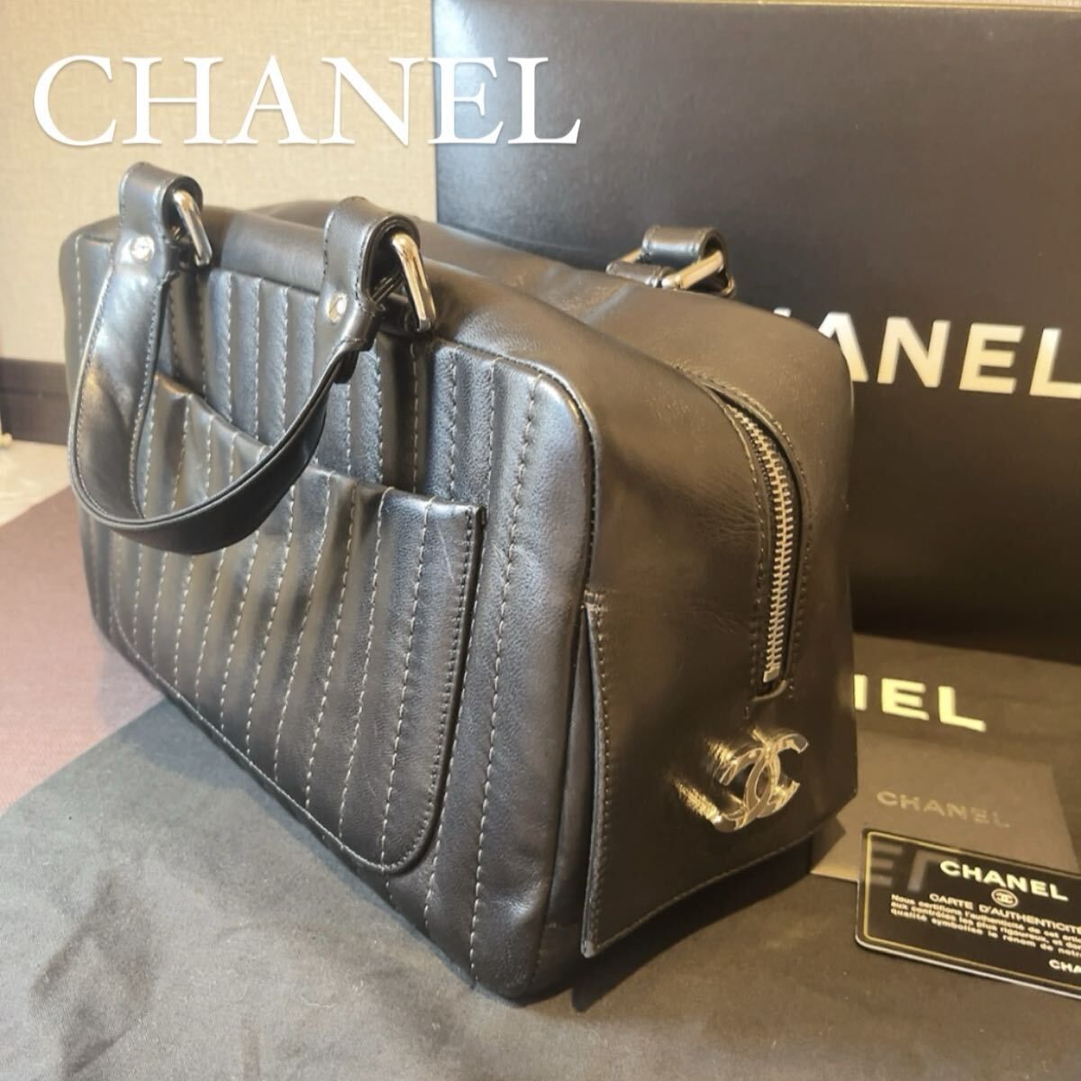 《極美品 箱 保存袋 付属品付き》シャネル CHANEL ニューマドモアゼル ボストンバッグ ハンドバッグ ラムスキン 黒 ココマーク 