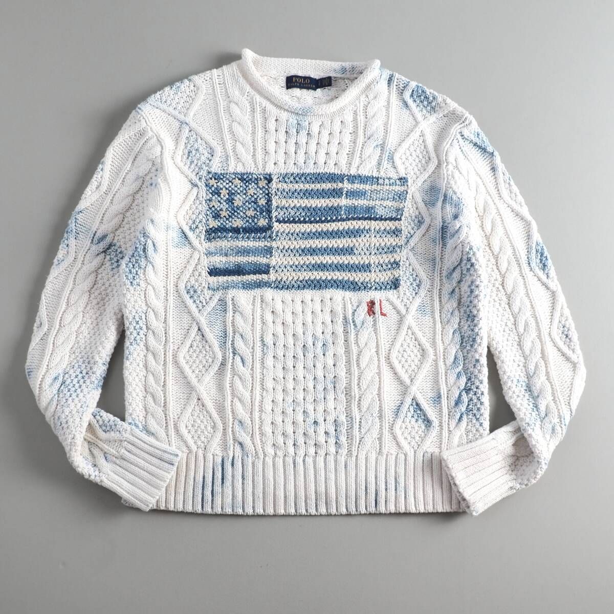 ラルフローレン　Ralph Lauren　希少　ニット　セーター　長袖　星条旗柄　インディゴ　メンズ　美品