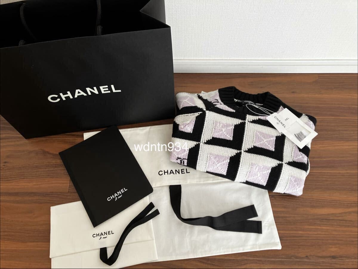 半額！！シャネル 新品 付属品あり ココマーク カシミア長袖ニット ブラック ピンクパープル ホワイト 34