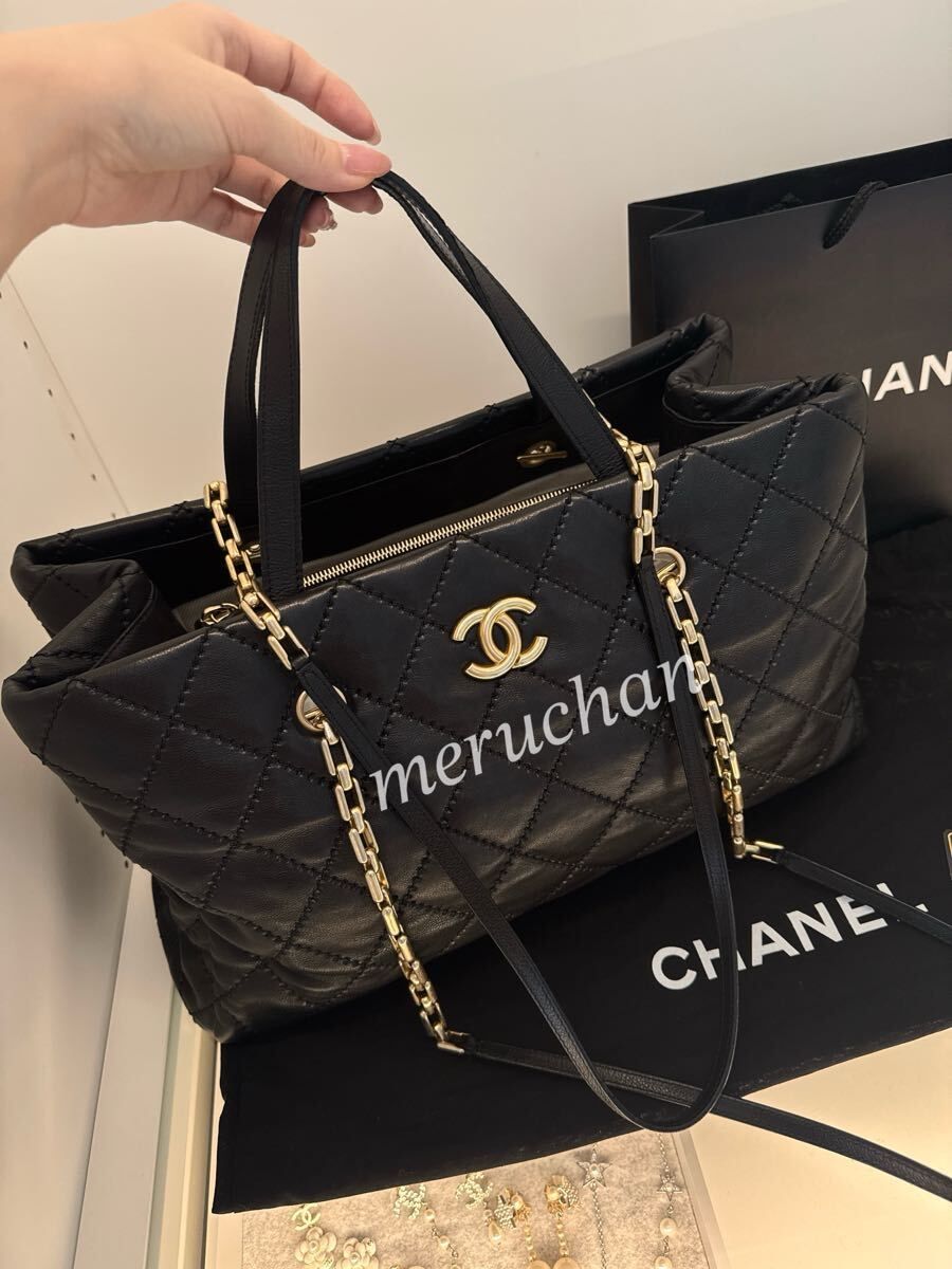 CHANEL シャネル マトラッセ チェーンショルダー トートバッグ ラムスキン 黒 ゴールド金具 ブラック レザー 本革