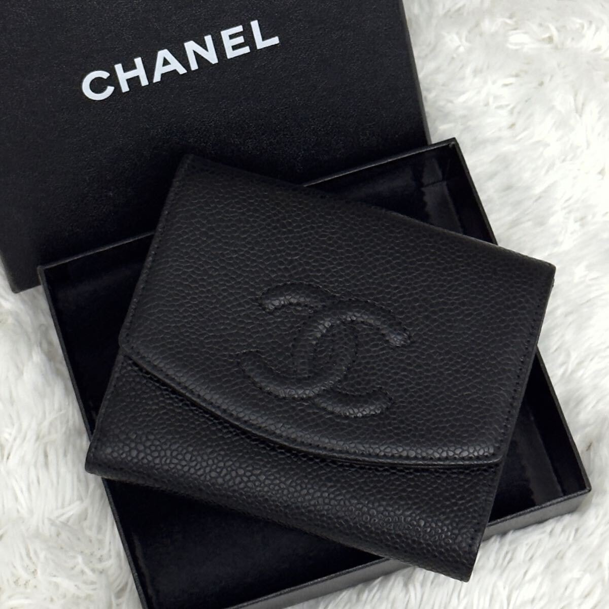 ☆未使用級☆CHANEL シャネル キャビアスキン 折り財布 ココマーク ブラック Wホック 黒 シリアルシール付き