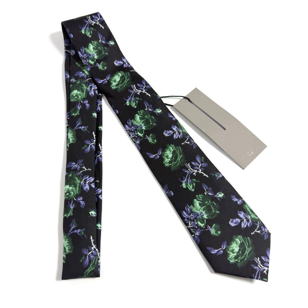 【未使用】ディオール メンズ ネクタイ ジャルダン ローズ 花柄 黒 シルク