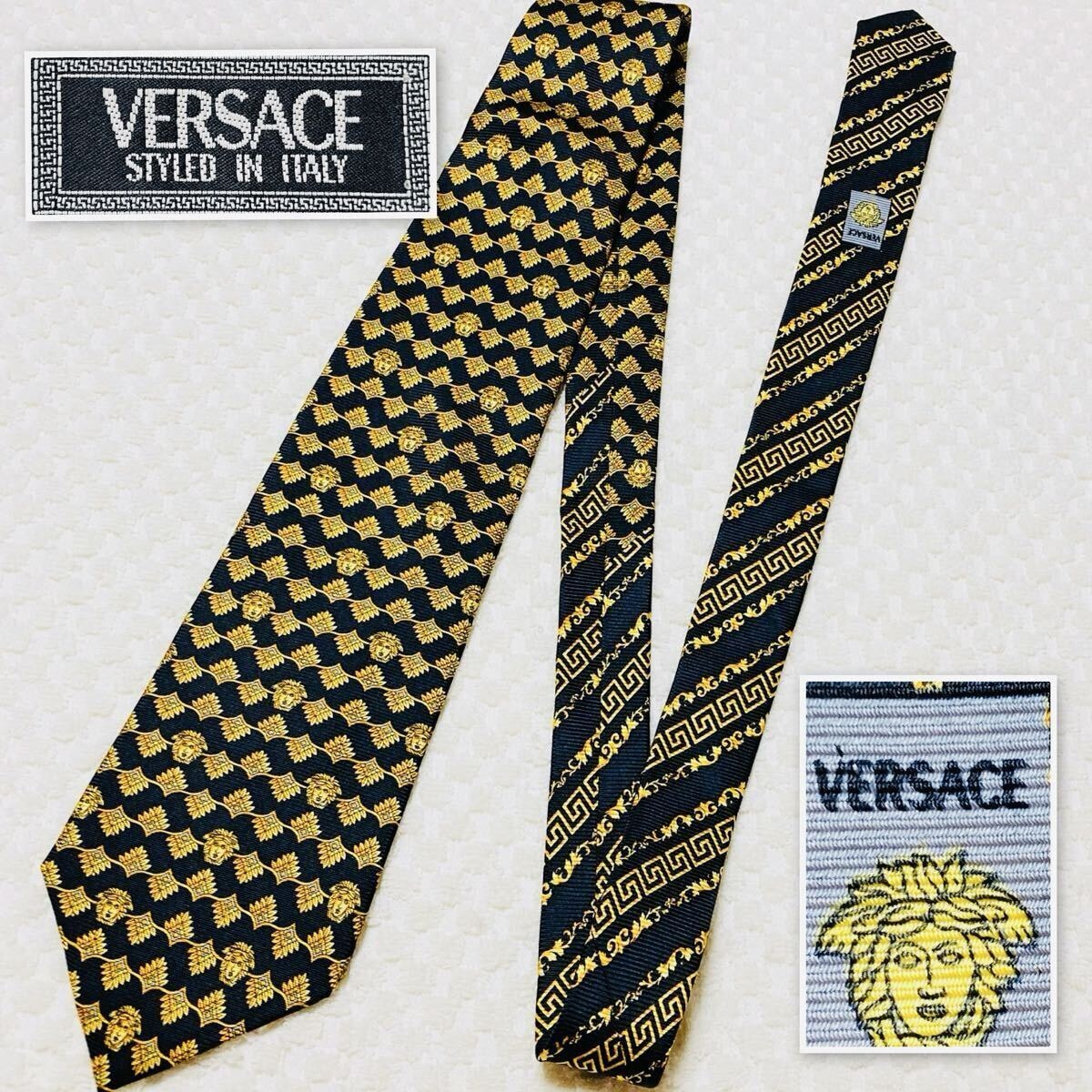 ■極美品■VERSACE ヴェルサーチ　ネクタイ　スカーフ柄　メデューサ　ボーダー　黄金装飾　総柄　シルク100 % 日本製　ブラック×ゴールド