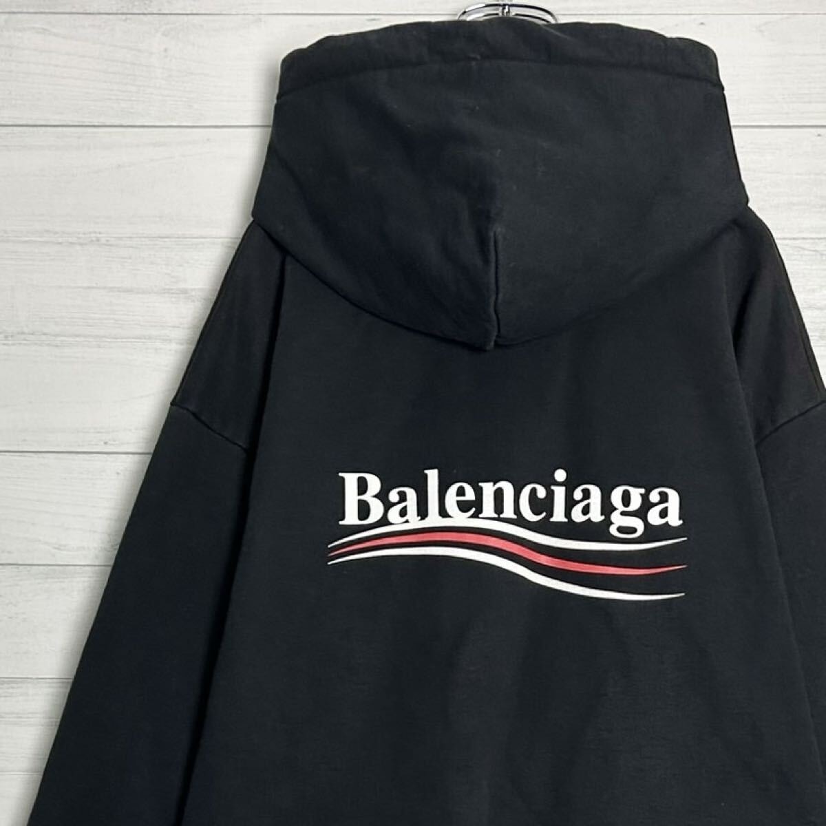 極美品 人気 BALENCIAGA バレンシアガ キャンペーンロゴ 両面ロゴ パーカー 長袖 オーバーサイズ M ブラック 黒 トップス メンズ