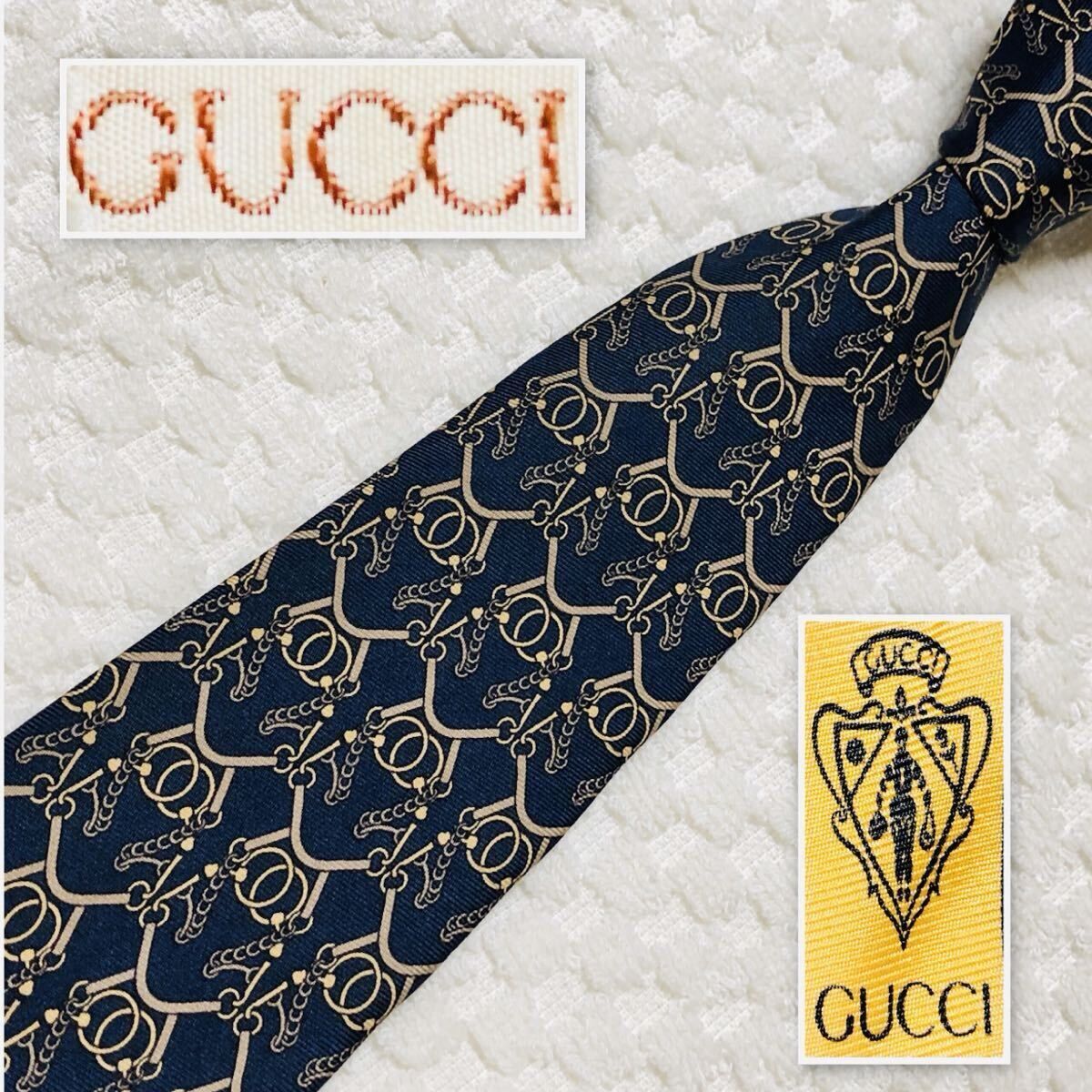 ■良品■GUCCI グッチ　ネクタイ　金具　総柄　シルク100% イタリア製　ネイビー　ビジネス