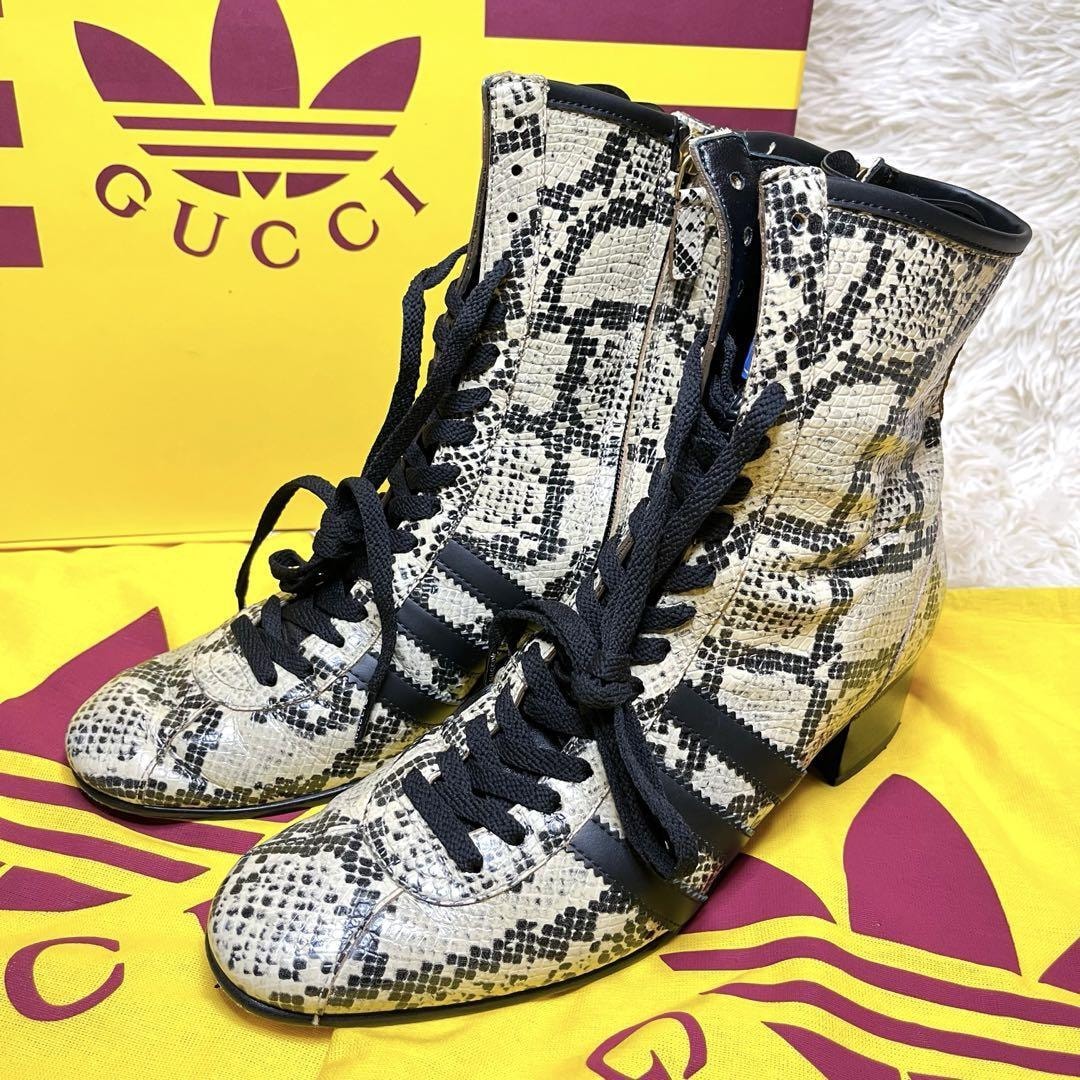 GUCCIadidas グッチ アディダス ヒールブーツ ハイカット サイドジップ スニーカー 靴 パイソン 型押し レザー ロゴ レディース