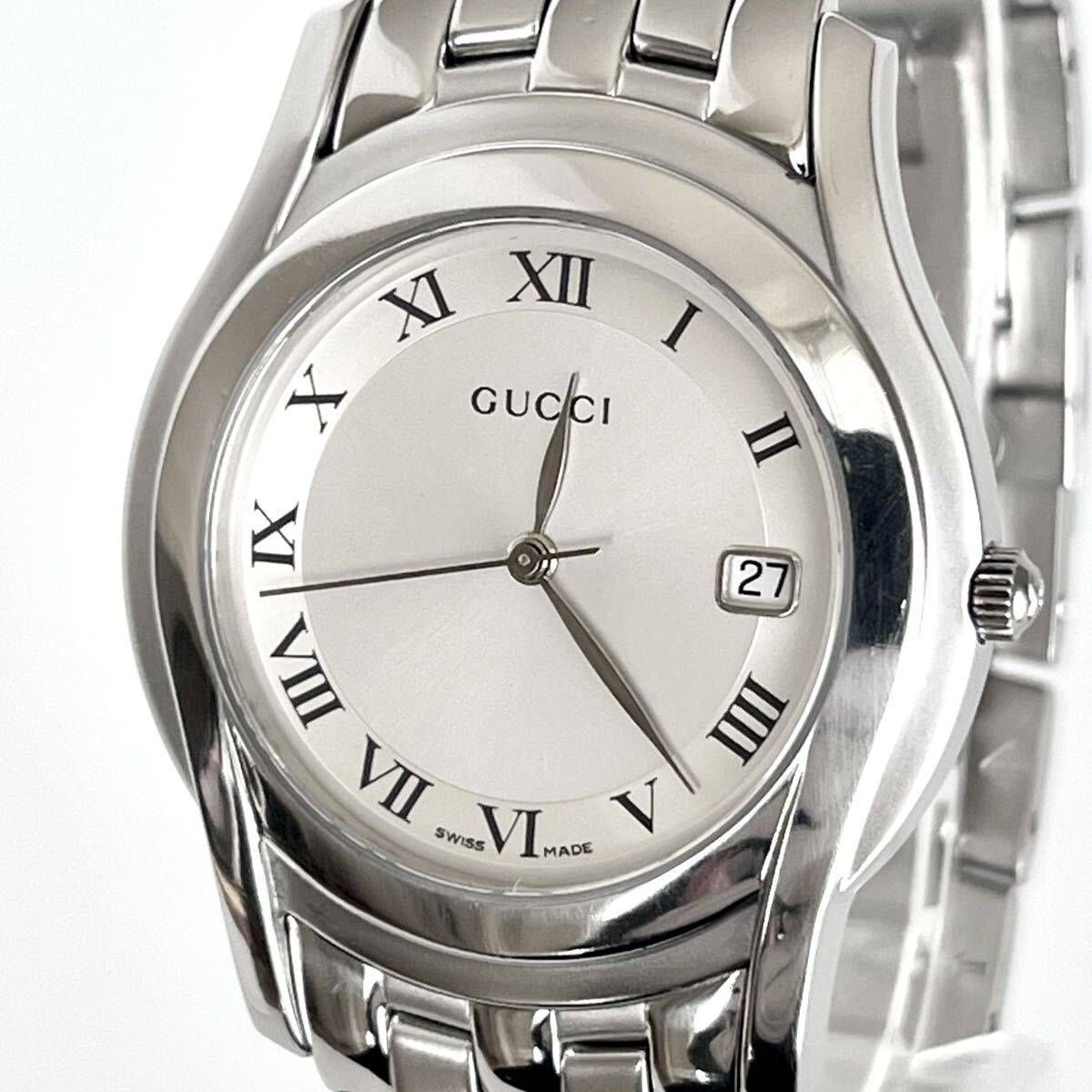 【稼働】磨き済み グッチ GUCCI 5500M メンズ 腕時計 美品 電池新品 シルバー文字盤 s2207