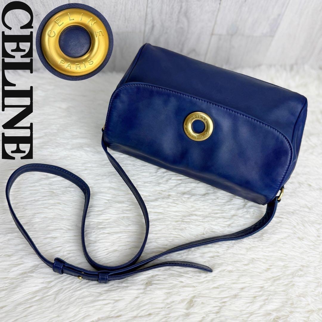 人気 ヴィンテージ VINTAGE CELINE セリーヌ サークル ロゴ ナッパレザー ショルダーバッグ ブルー