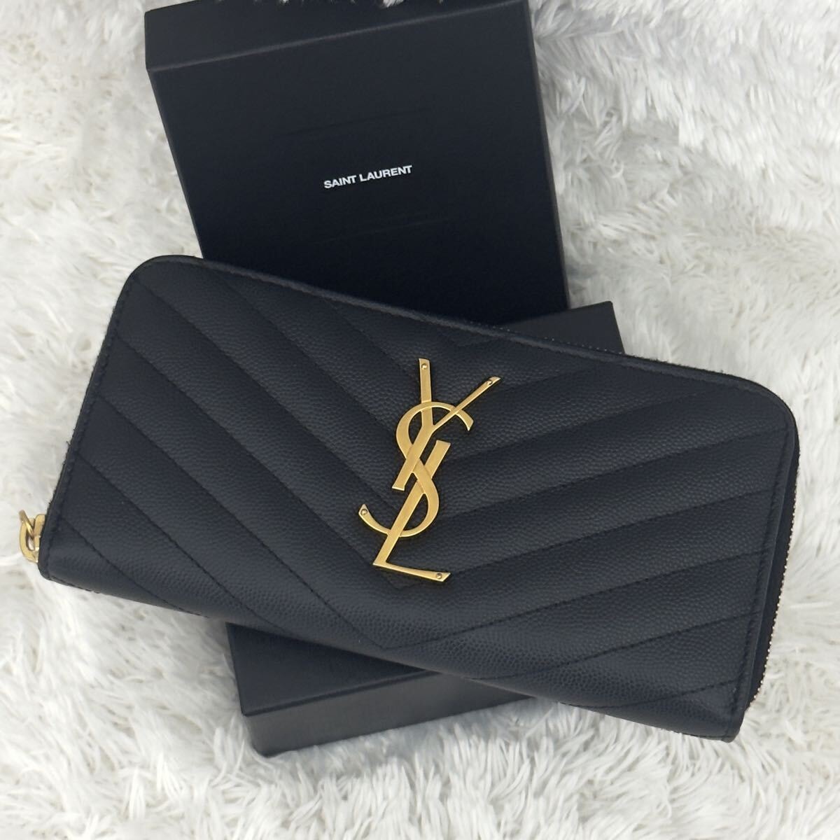 SAINT LAURENT サンローラン ラウンドファスナー 長財布 カサンドラ ブラック YSL Vステッチ