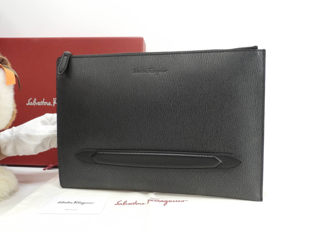 サルヴァトーレフェラガモ クラッチバッグ 型押レザー灰黒 ドキュメントケース 新品@FZ24-0480 2