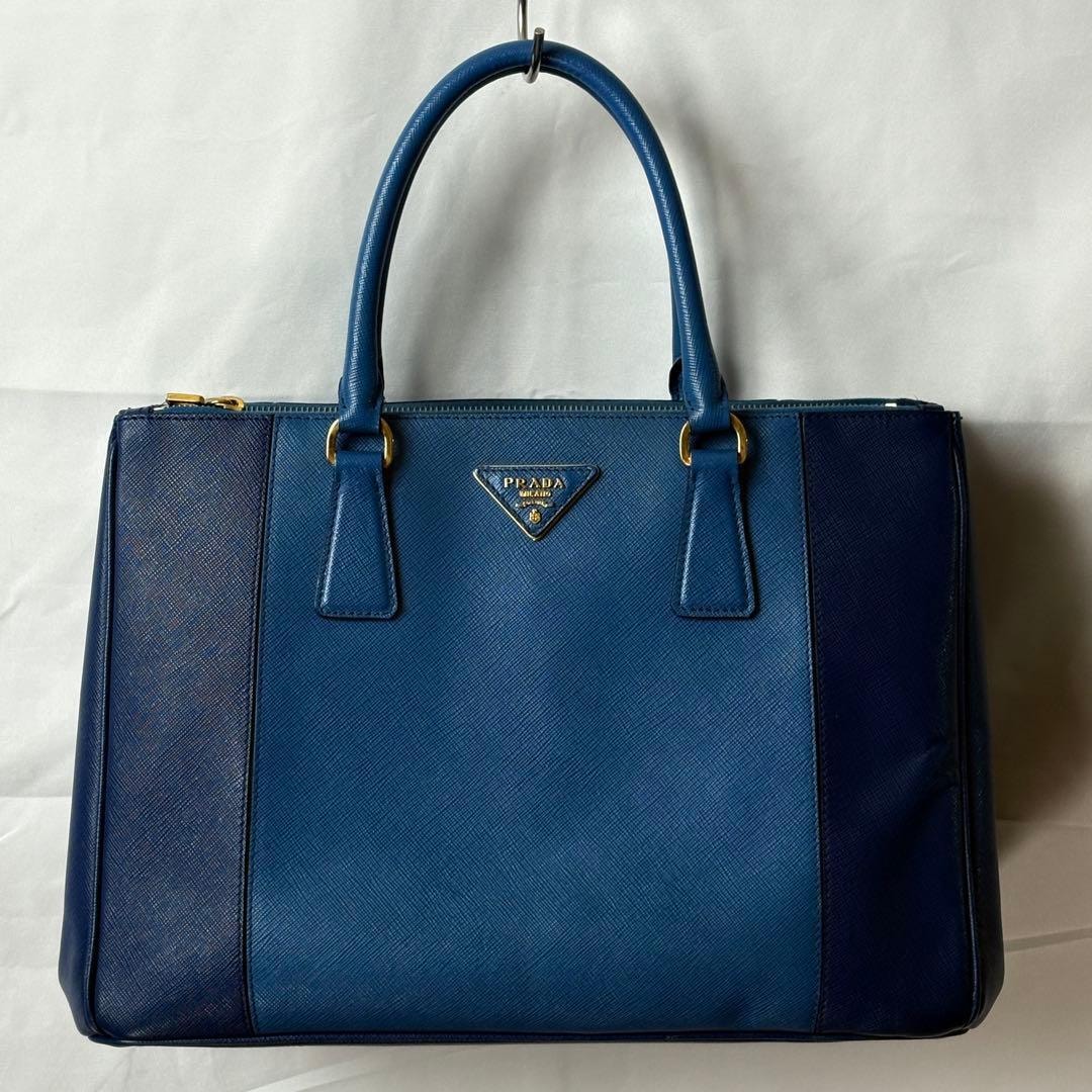 PRADAサフィアーノレザートートバッグブルーバイカラーゴールド金具A4可正規