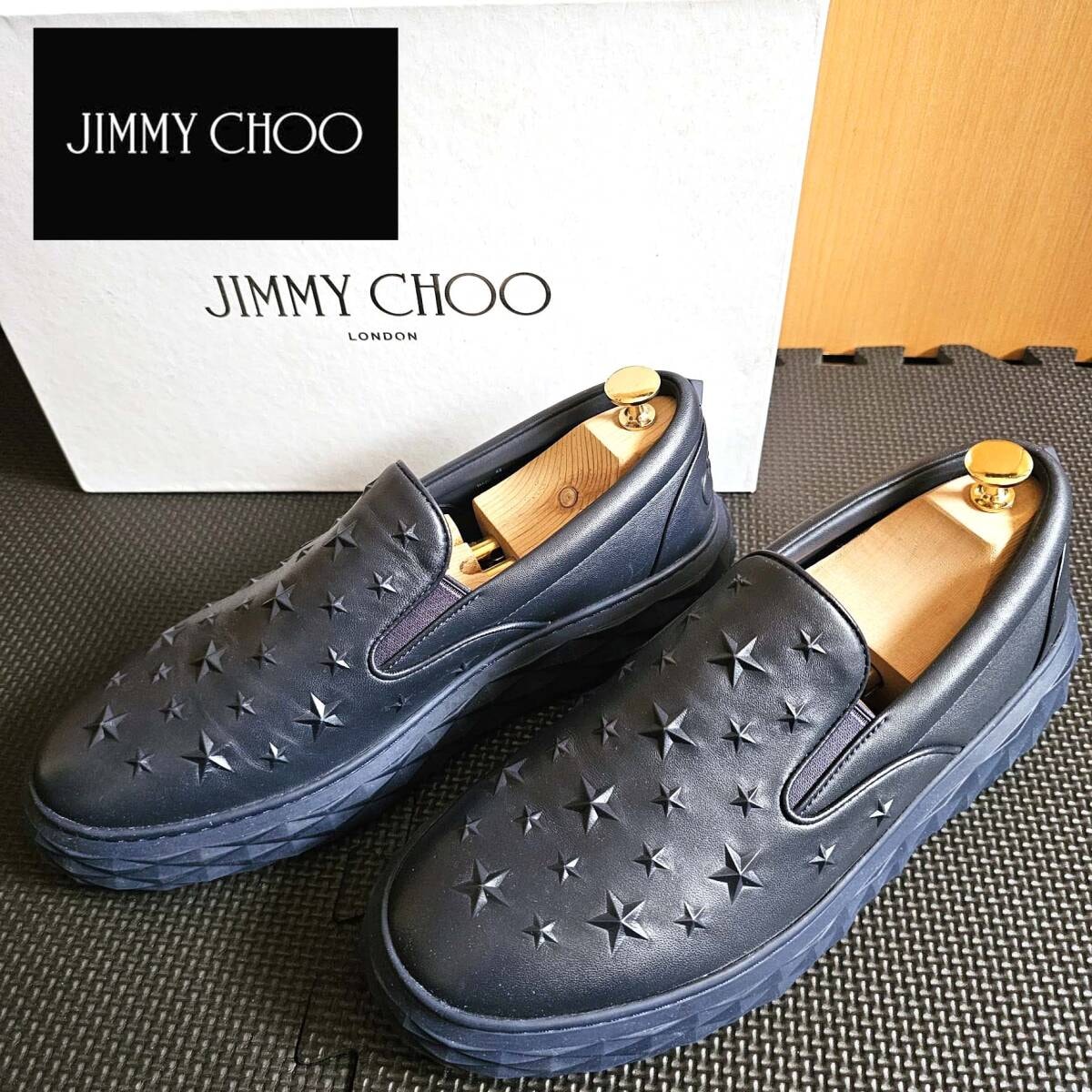 定価11万 美品 JIMMY CHOO ダイヤモンド スリッポン M 42 27cm ネイビー