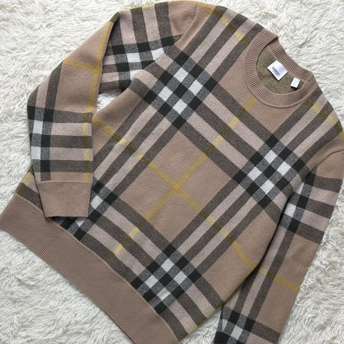 未使用級 L BURBERRY バーバリー 22AW カシミヤ100% メガチェック ニット セーター 長袖 ブラウン系 ベージュ 茶色 トップス メンズ