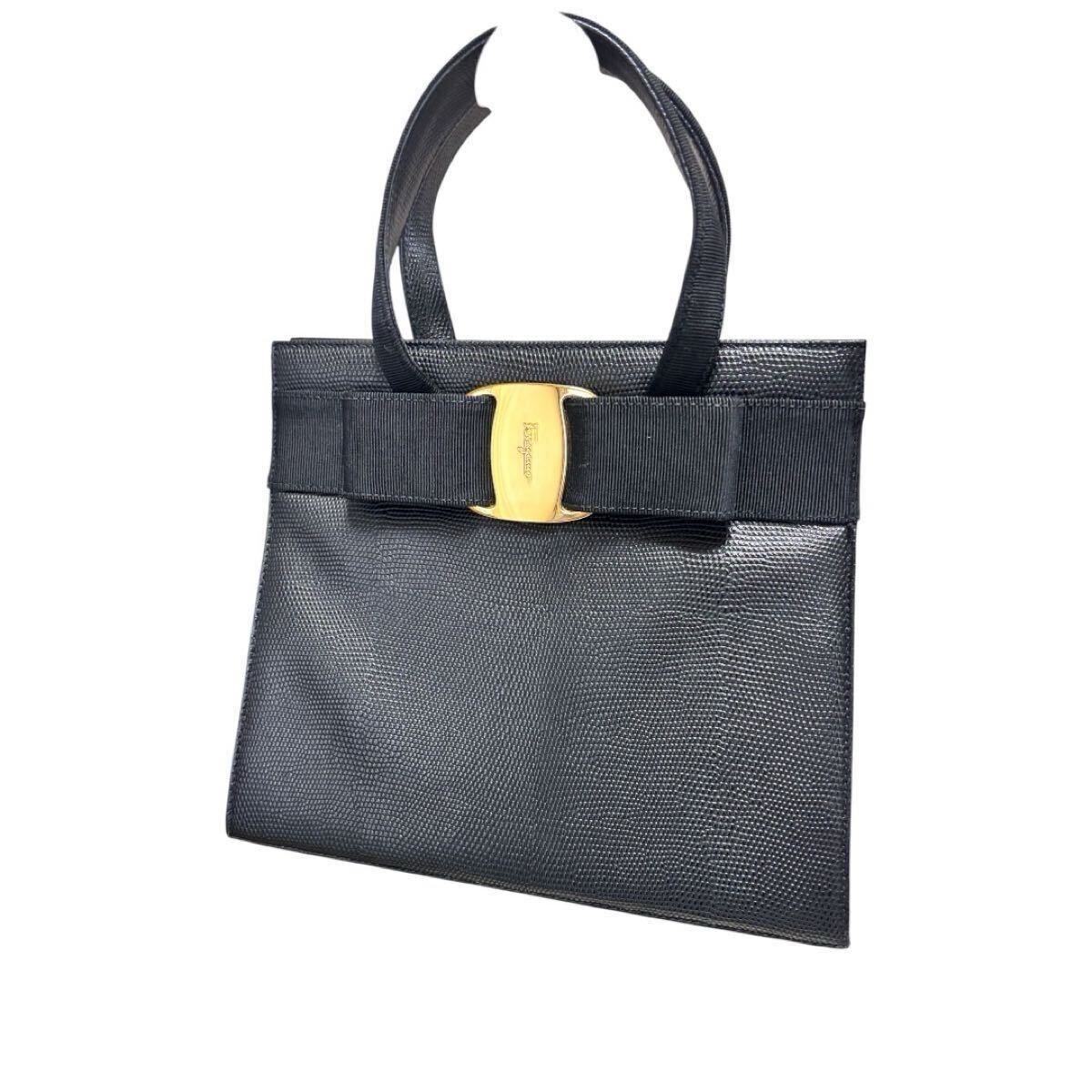 Ferragamo Salvatore フェラガモ ヴァラリボン レザー ゴールド金具 ハンドバッグ ブラックビンテージ ブラック系