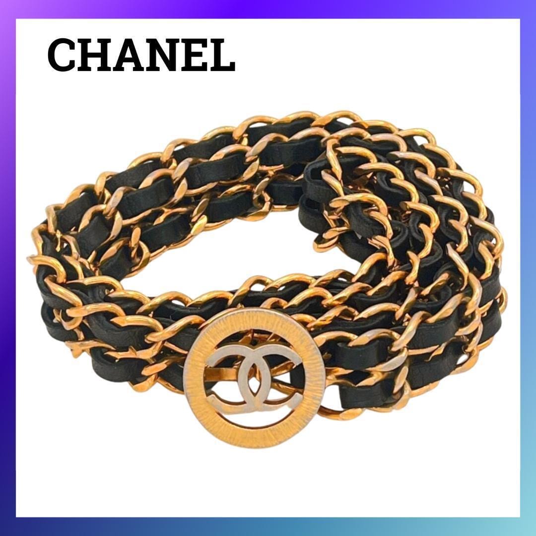 シャネル ココマーク チェーン ベルト ゴールド ブラック GP レザー 革