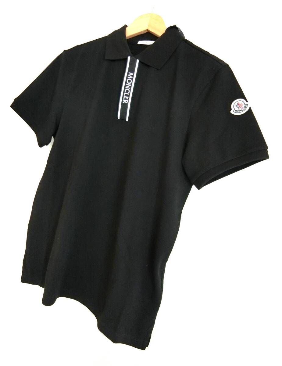 【美品】MONCLER ライン ポロシャツ ロゴ ワッペン 半袖 ブラック 美品 XLサイズ モンクレール ロゴワッペン ポロシャツ ブラック
