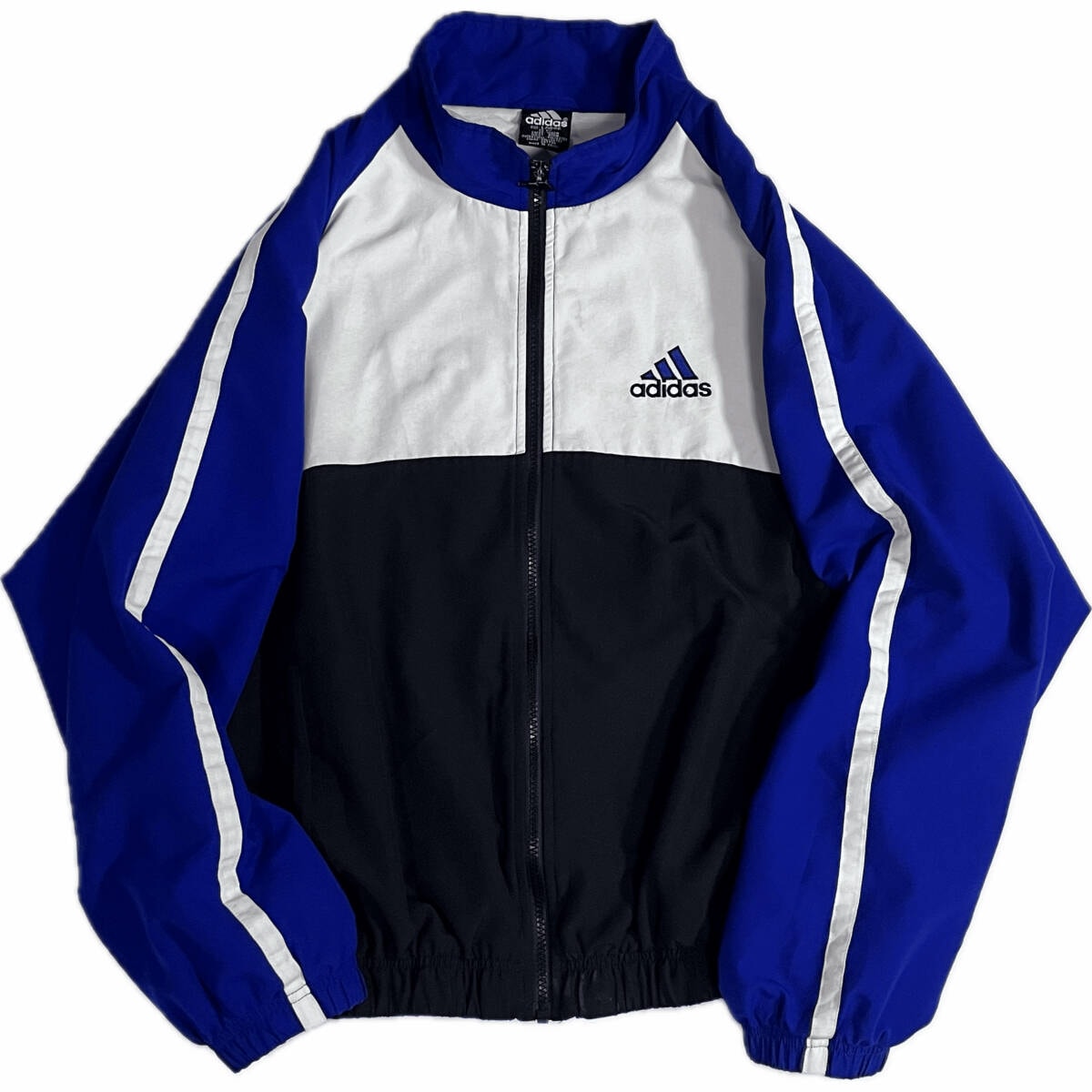 90s adidas アディダス パフォーマンス 両面刺繍ロゴ バック刺繍 ジップアップトラックジャケット L ブラック ホワイト ブルー 20202756
