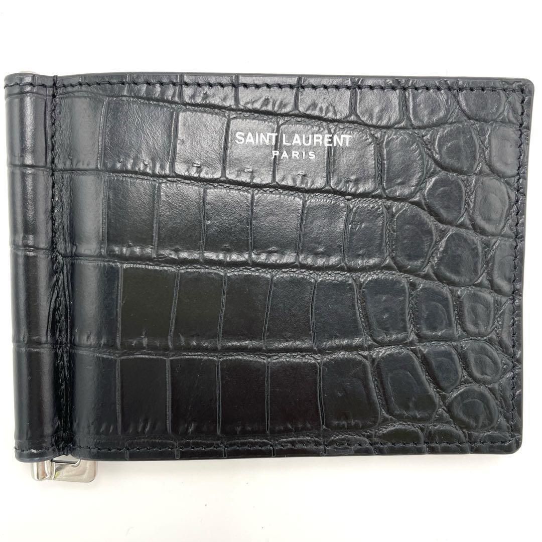 No.230 超人気☆【超美品】SAINTLAURENT サンローラン マネークリップ クロコ型押し ビルクリップ ALM378005 ロゴ ブラック レザー メンズ