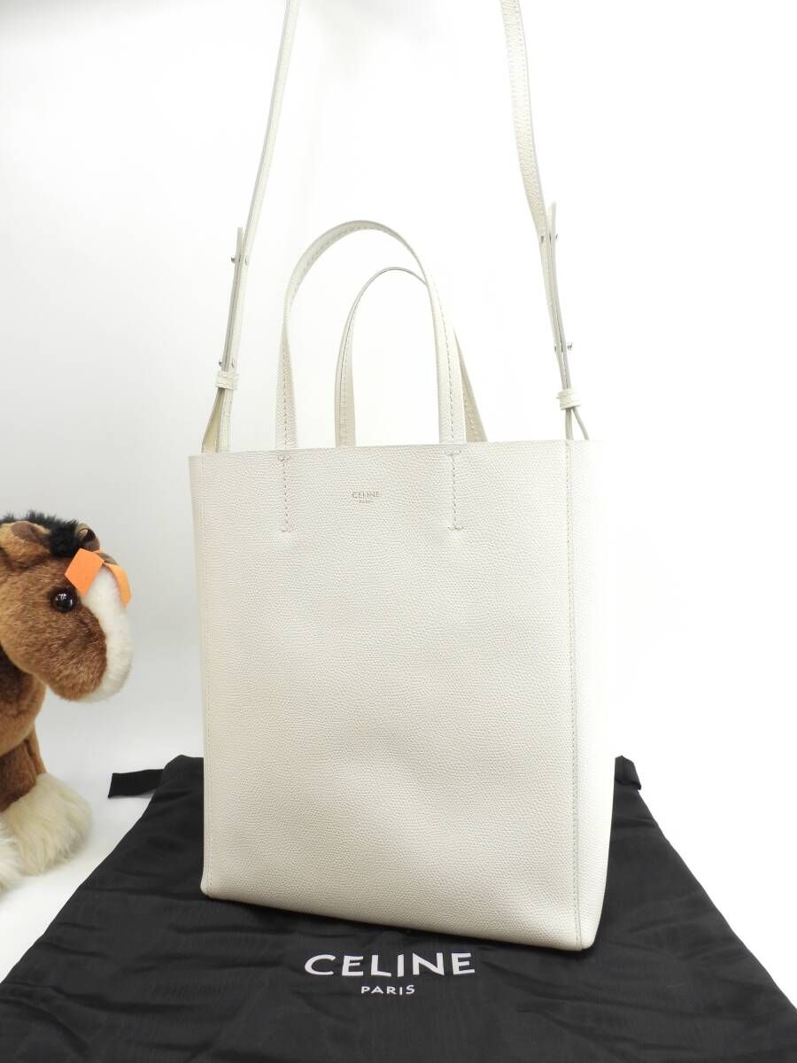セリーヌ カバスモール レザー 白 ポシェット トートバッグ ハンドバッグ 美品@F-GM-1129