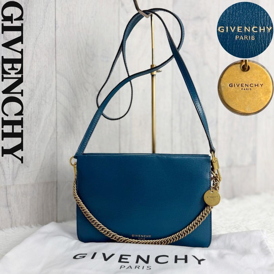 美品 Givenchy ジバンシー ジバンシィ レザー 2way ゴールドチェーン ショルダーバッグ ブルー系 ボルドー レディース