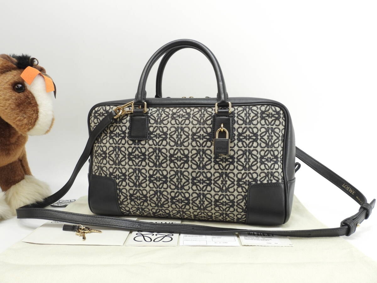 ロエベ アマソナ23 ジャガード/レザー 紺灰 ポシェット s付ハンドバッグ@262147 2