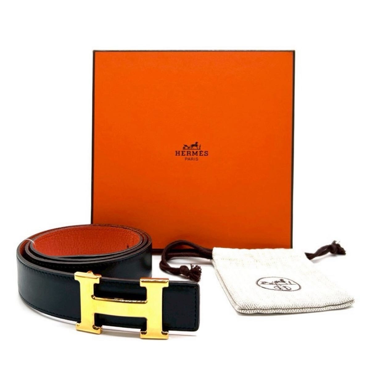 HERMES エルメス Hベルト コンスタンス □K 90 ベルト ブラック オレンジ ゴールド金具 トゴ カーフ