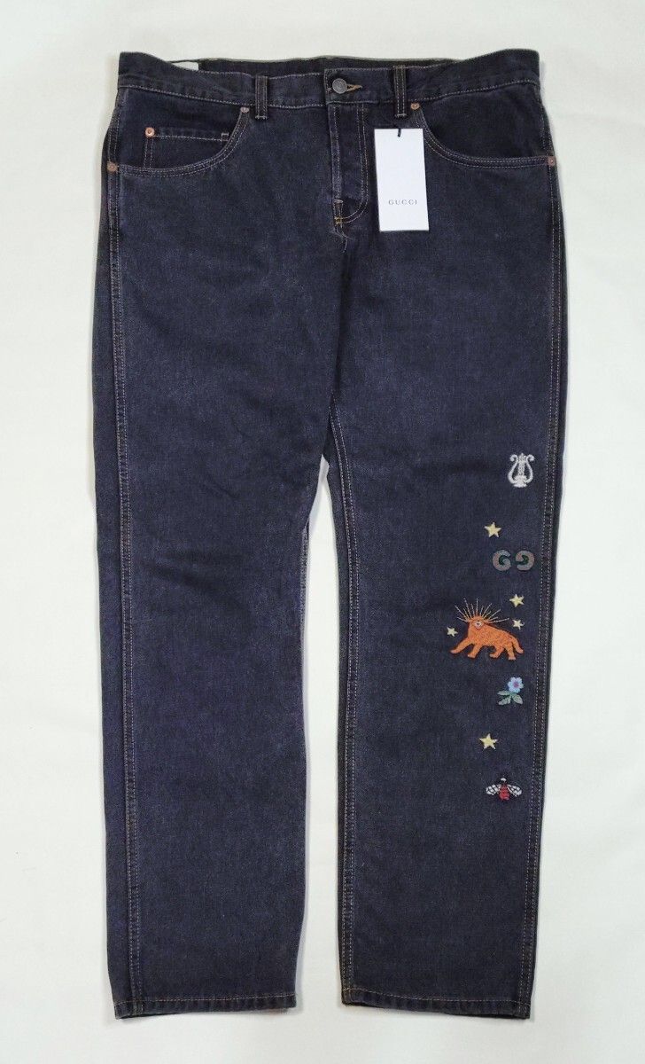 ［美品］【タグ付き】【廃盤】グッチ GUCCI 刺繍 ロゴ エンブロイダリー デニム メンズ ウィメンズ レディース 37 ブラックデニム