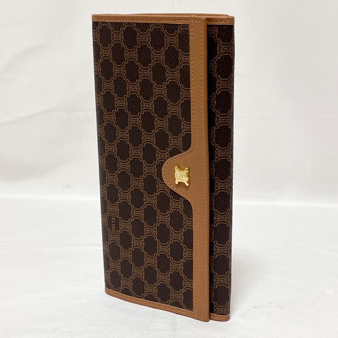 CELINE セリーヌ 二つ折り財布 長財布 がま口 マカダム PVC ブラウン ベージュ M08 極美品