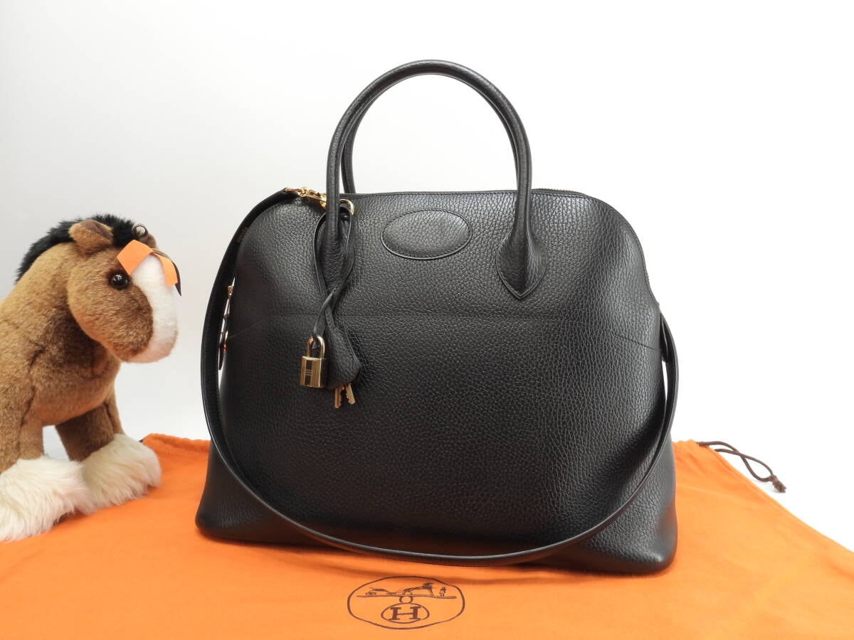 エルメス ボリード37 アルデンヌレザー黒 ゴールド金具 ストラップ付ハンドバッグ@〇X