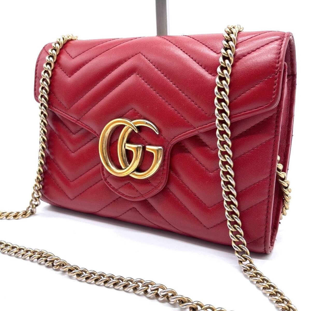 極美品　GUCCI　グッチ　チェーンショルダーバッグ　キルティング　マーモント　バック　鞄　カバン　赤　レッド　レディース