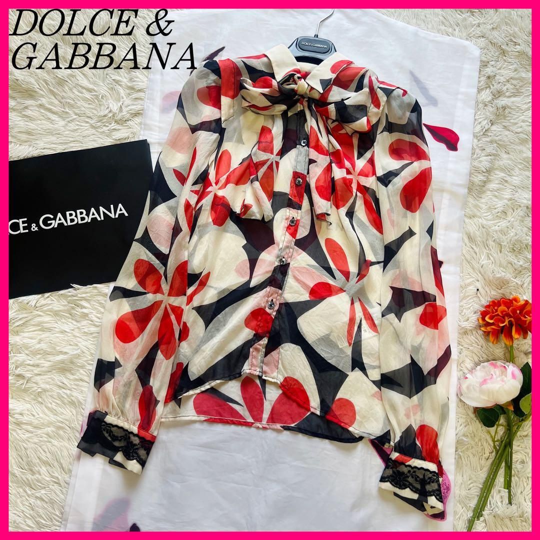 【美品】DOLCE&GABBANA 総柄シャツ シフォン リボンタイ 38　ドルチェアンドガッバーナ